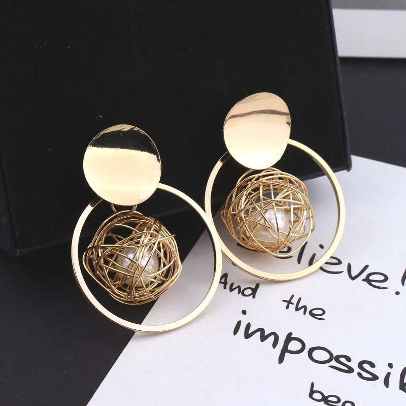 

Fashion Gold Color Women Earrings Circle Round Net Design Imitation Pearl Earrings for Wedding Party 2018 Elegant Ladies Jewelry