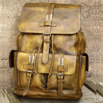 

Men Cow leather Travel Backpack Large Capacity drawstring bags Male Mochila 15" Laptop Brown Backpack Daypack rugzak outdoor