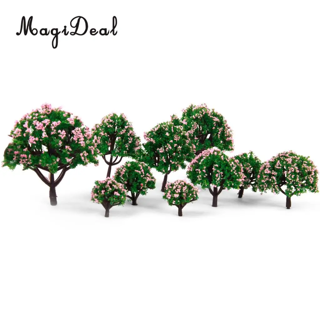 MagiDeal  5Sizes 10Pcs Plastic Model Tree with Pink Flower for Railroad Railway Train Track Home Garden Building Layout Diorama