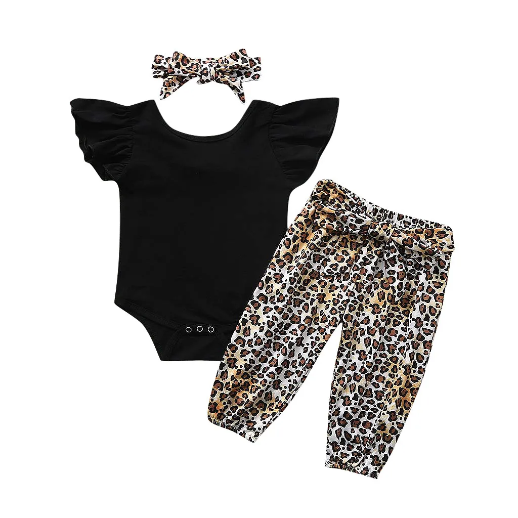 

MUQGEW Girls Boutique Outfits Solid Romper Bodysuit+Leopard Print Pants+Headband Infant Baby Girls Outfits Vetement Enfant Fille