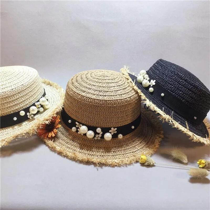 

Lady Boater sun caps Ribbon Round Flat Top Straw beach hat Panama Hat summer hats for women straw hat snapback gorras