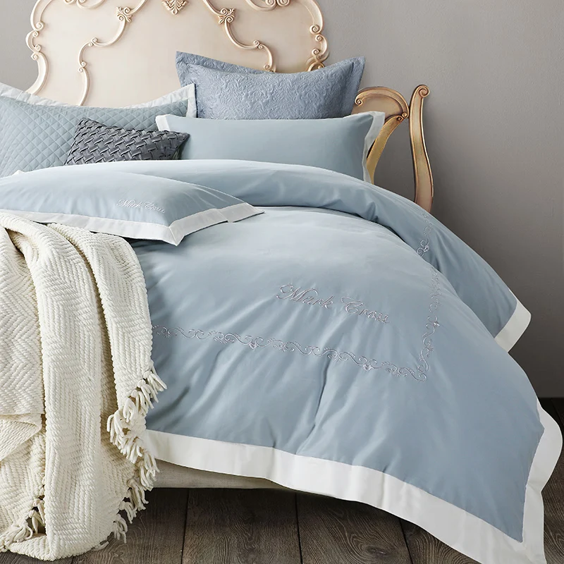 

60S Cotton White Brown color Bedding set Oriental Embroidered Bed set 4Pcs King Queen size Bedsheet set Duvet cover Pillow 36