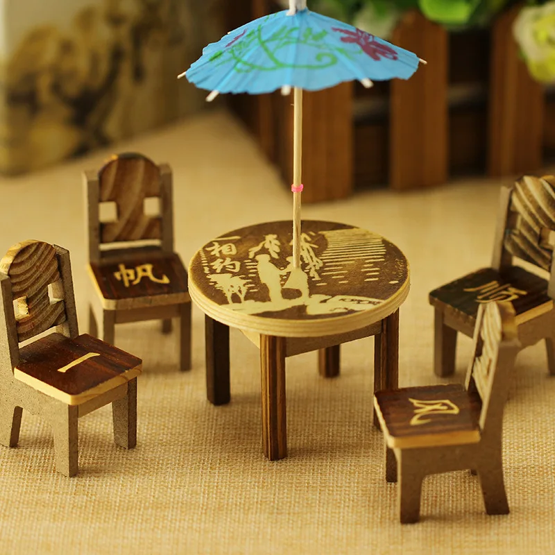 

Children's play house simulation with umbrella wooden table and chairs mini creative furniture kitchen utensils toys miniature