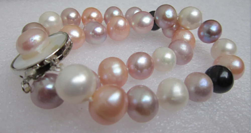 

Miss charm Jew 345 HUGE 11-12MM SOUTH SEA BLACK Purple, pink +white PEARLS BRACELET 8inch