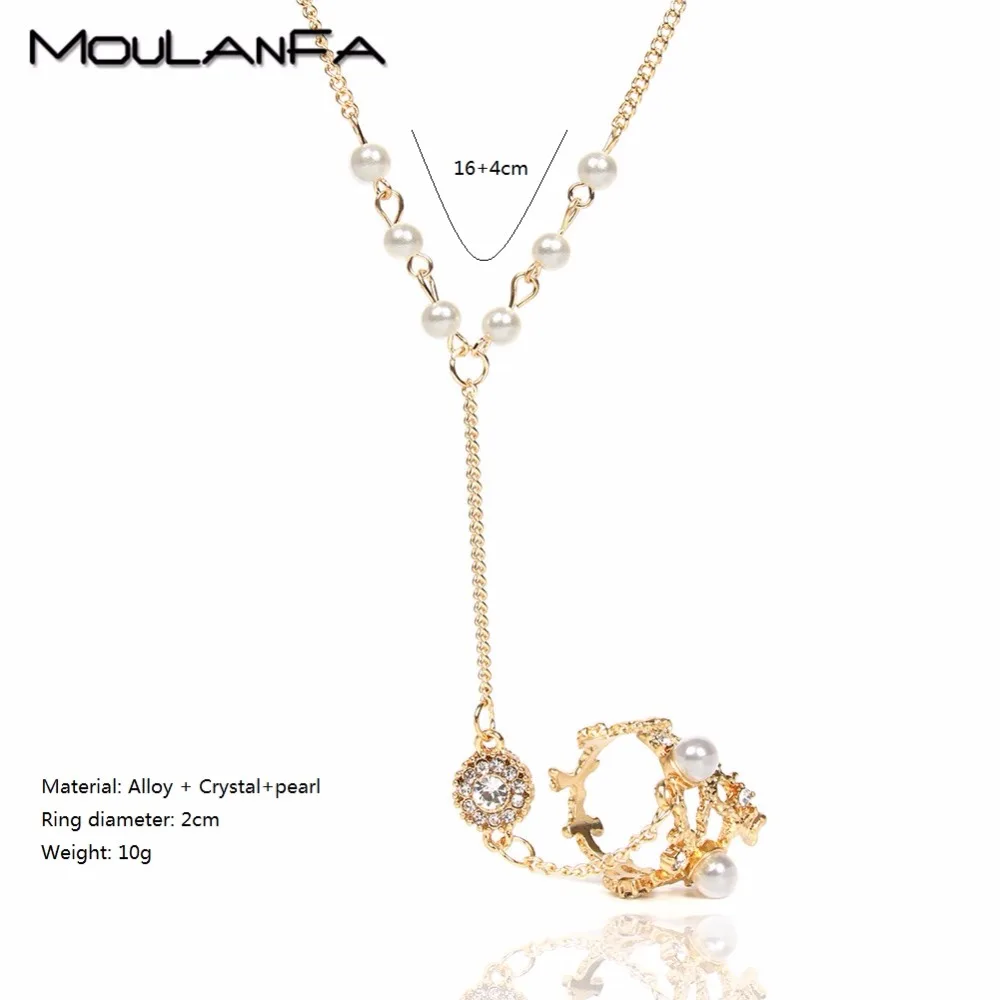 MOULANFA уникальный стиль ветви браслет, соединенный с кольцом на пальце цепь с жемчугом золотой цвет Металл Шарм жгут Браслет для женщин Boho ювелирные изделия