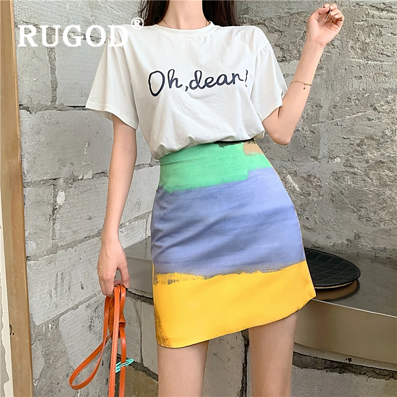 

RUGOD Elegant hight waist skirts women Fashion printed bandage mini skirts ladies Korean chic tunic summer clothing female 2019