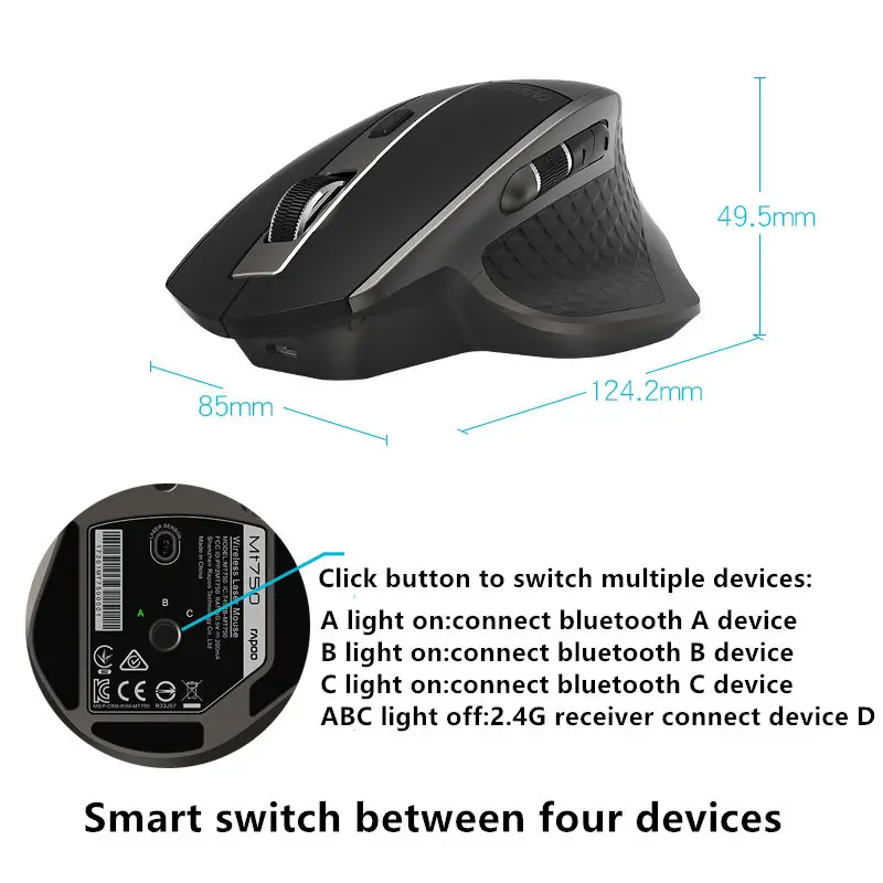 Rapoo recargable Multi-modo ratón inalámbrico Bluetooth 3,0/4,0 y 2,4G interruptor para cuatro dispositivos de conexión de la computadora ratón de juego - 5