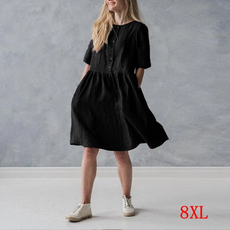

Large size women's stitching dress plus size 5XL 6XL 7XL 8XL summer round neck half sleeve casual loose black princess dress