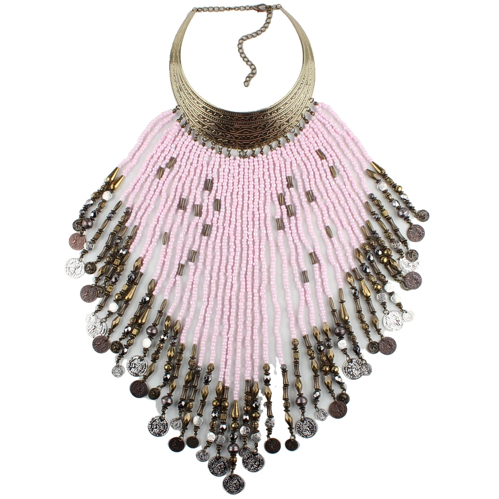 Claire jin, ожерелье с маленькими бусинами и большой длинной кисточкой для женщин, модное Массивное колье, ожерелье с металлическим воротником, этнические ювелирные изделия