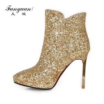 

Fanyuan Plus Size 32-43 Ankle Boots Women Inside Zip with Platform Thin Super High Heels Women Bling Boots