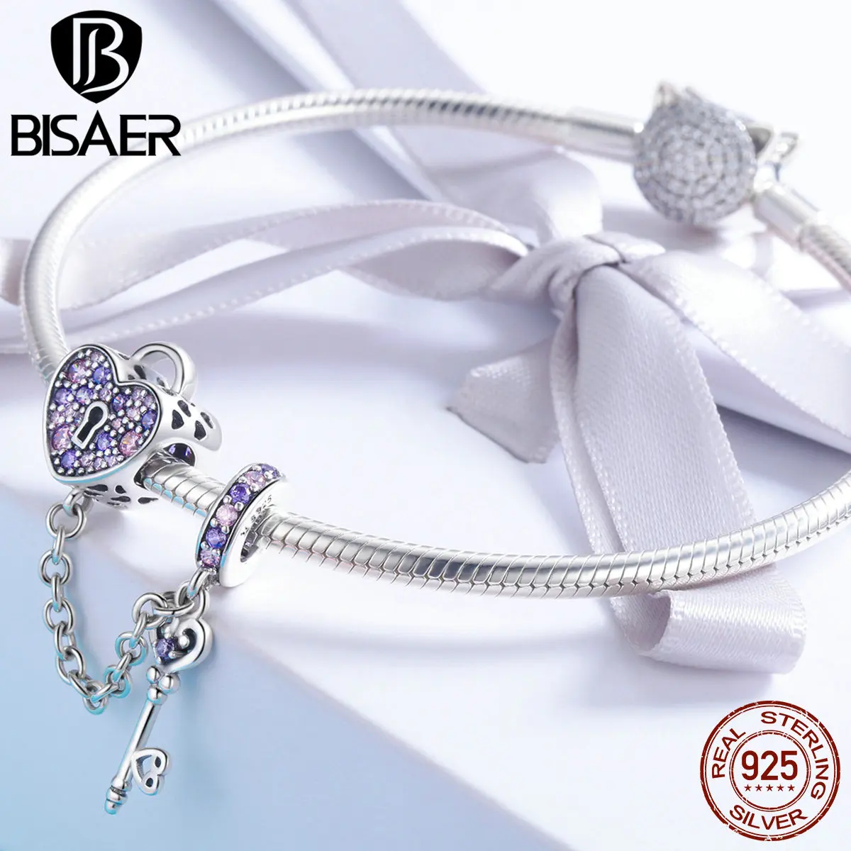 BISAER, настоящее 925 пробы, серебряный ключ, замок сердца, подвески, розовый CZ, сердце, бусины, подходят для женщин, браслет, сделай сам, для изготовления ювелирных изделий ECC772