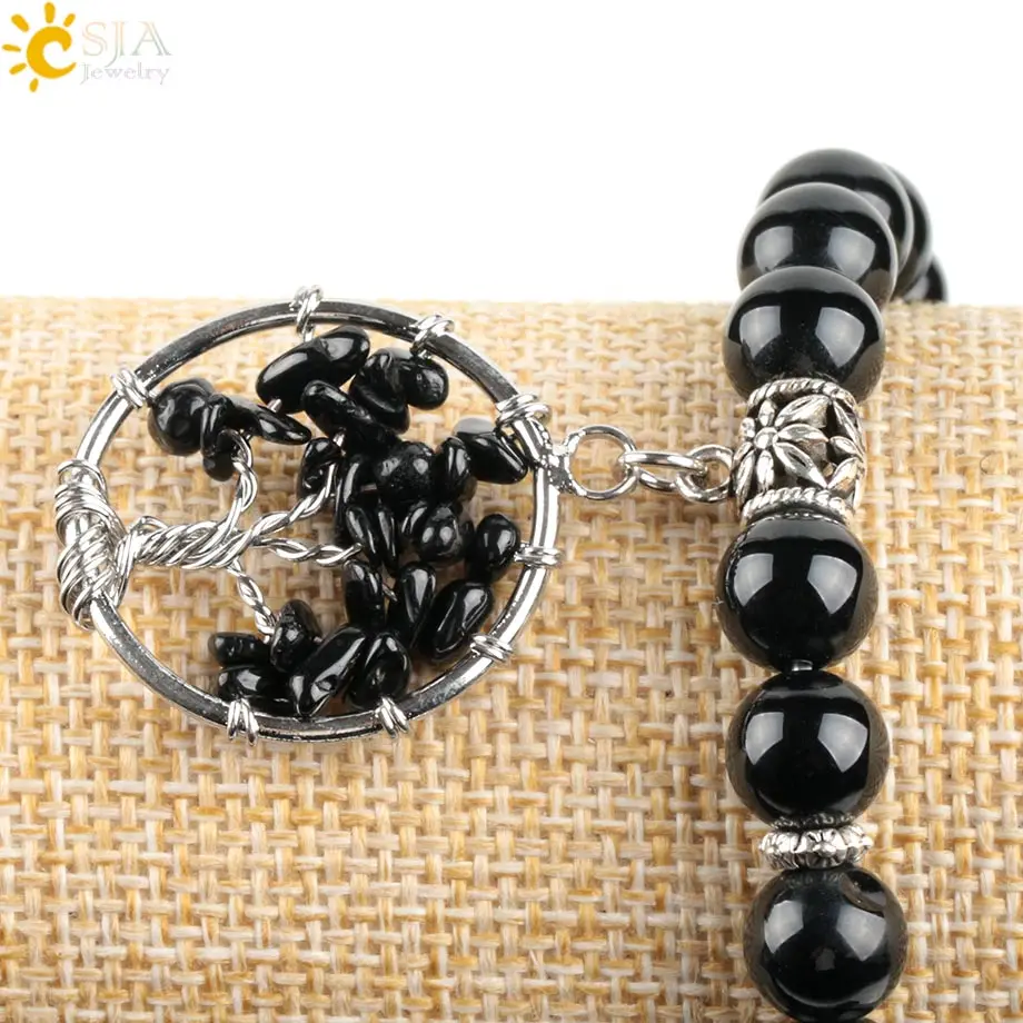 CSJA натуральный камень для мужчин ювелирные изделия черный браслеты из оникса Женщин Йога браслет с бисером ручной работы Древо жизни здоровая энергия браслет E875