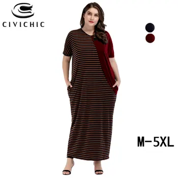 

CIVI CHIC Plus Size Summer Short Sleeves Maxi Dress Mid East Long Robe Femme Patchwork Striped Jurk Muslim Loose Vestidos DRS168