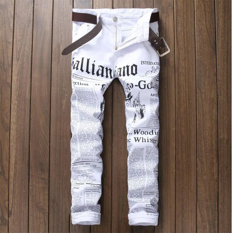 

2017fashion white jeans autumn flower print news cotton elastic man jeans slim Pants male trousers for singer star nightclub
