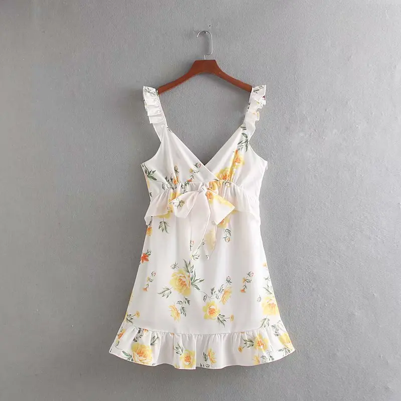 

Sling Dress V-Neck Sexy Summer Women Ruffle Sleeveless Floral Dress Women Elegant Casual Knee-Length Dress A-Line Bow Sundress