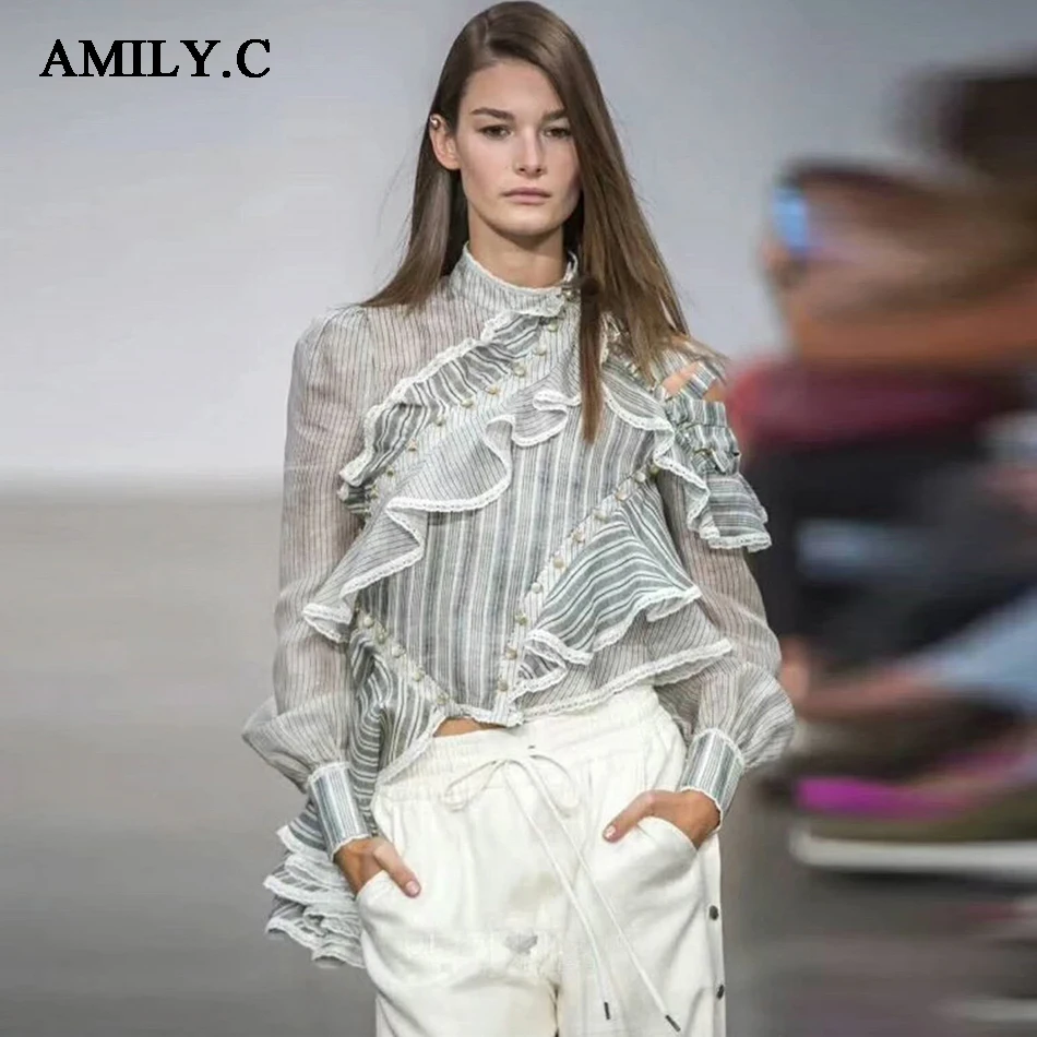 

Amily.c 2018 new summer shirt long sleeve ruffled irregular shirt sexy perspective striped shirt women's track casual shirt