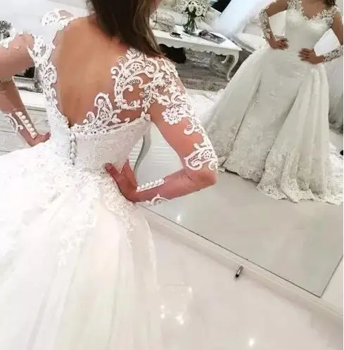 Vestido de noiva кружевное свадебное платье русалки со съемной юбкой с открытой спиной и длинным рукавом, свадебные платья из Саудовской Аравии, Дубай