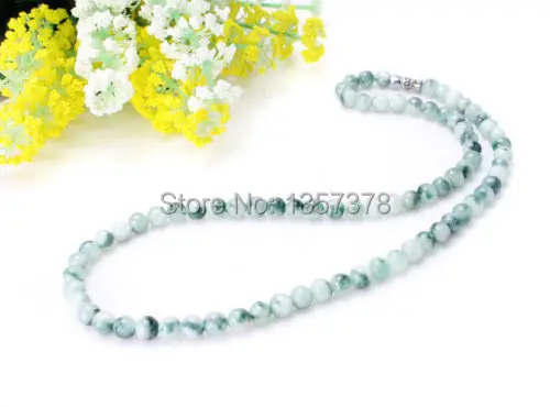 

huij 002870 Natural Flower Green Grade A 6mm Beads Jadeite Jade Necklace