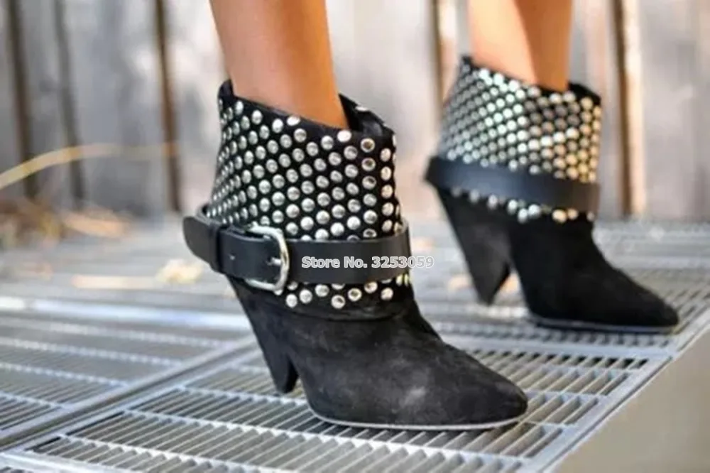 Rivets Cheville Bottes Boucle Moto Transitoire Sangle En Chaussons Suede As Décoration Femmes Argent Almudena Cloutés Métal Noir Picture Talon Qhtrsd