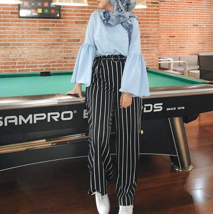 Модная Высококачественная блузка для девушек, повседневное с рукавом в форме листьев лотоса, Топ с длинным рукавом, исламские блузки, топы для мусульманских женщин 8005 - Цвет: Синий