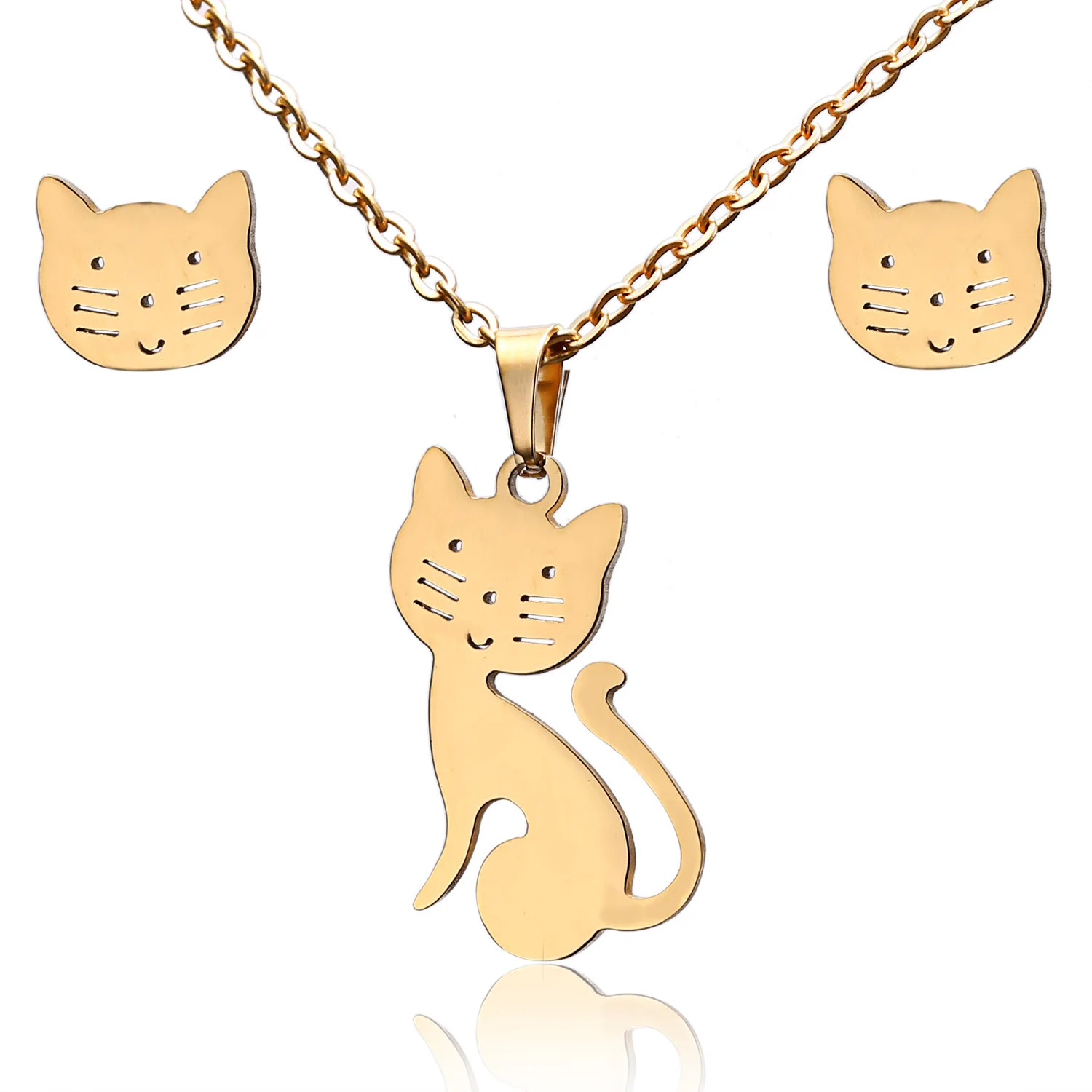 Cat Necklace Cat Earrings Jewelry Set Stainless Steel Necklace Sets for