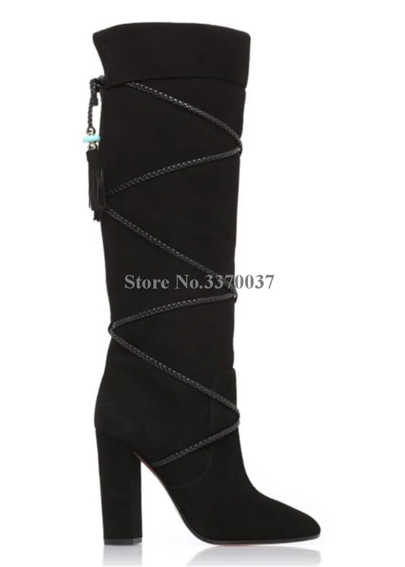 Botas A Alto Rodilla As Mano Cruz Alta Punta Tacón Largo as Picture Hechas Grueso Encaje De Gamuza Marca Picture Cuero Correa Borlas qaAzzO