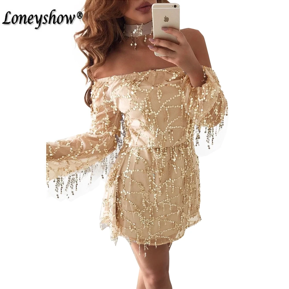 Long sleeve Party Glitter Dresses for women ladies slash neck evening