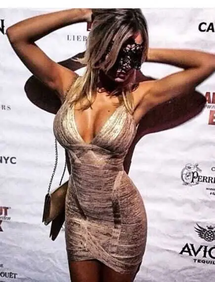 

Guangzhou RUVOE Bandage Clothing Factory Wholesale in stock Metallic Gold Sexy V-neck Mini Sleeveless Celebrity Prom Party Dress