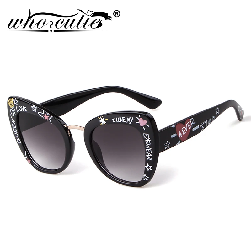 

WHO CUTIE 2019 I LOVE MY Sunglasses Oversize Cat Eye Women Brand Designer Print Letter Frame Sun Glasses Gradient Shades OM867