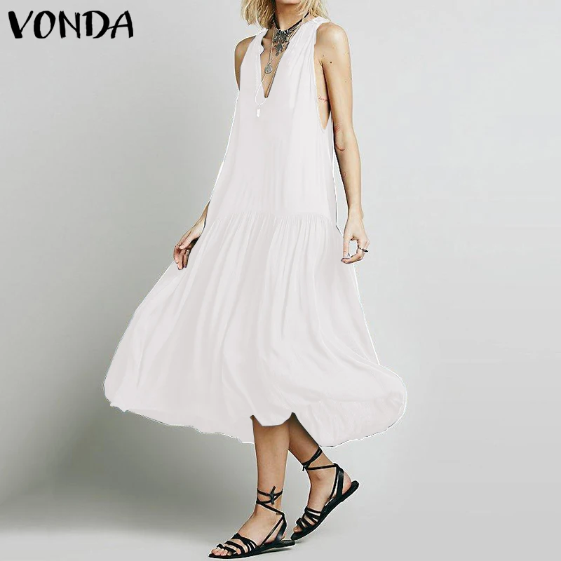 

VONDA 2019 Maternity Dress Women's Maternity Sleeveless V Neck Dress Pregnancy Sundress Solid Pregnants Hot Maxi Long Dresses