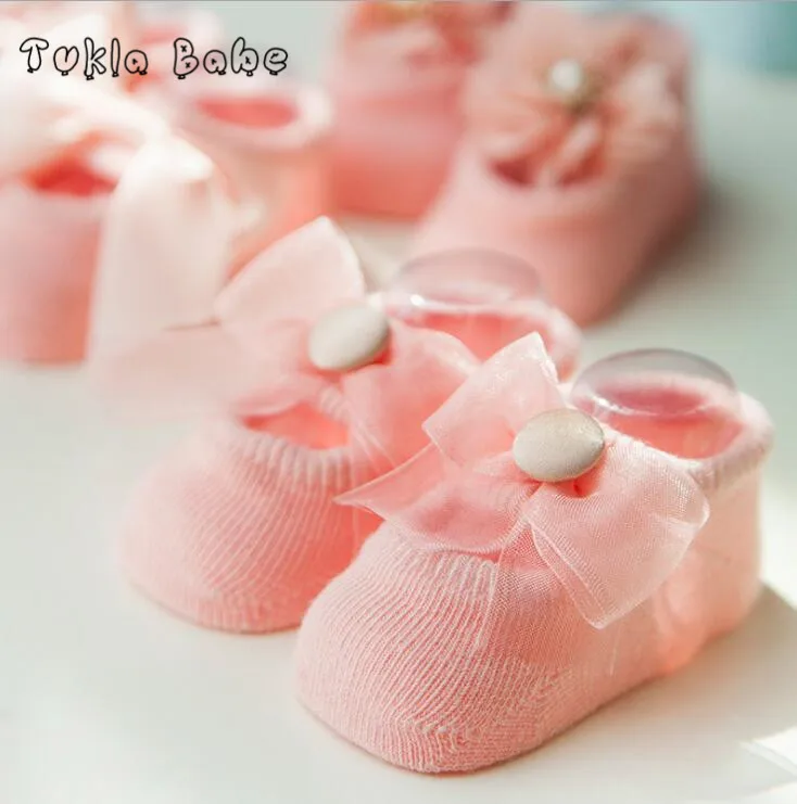 

3Pairs/Lot Baby socks spring and summer thin new cotton baby cotton lace flowers bow anti-slip children's floor socks