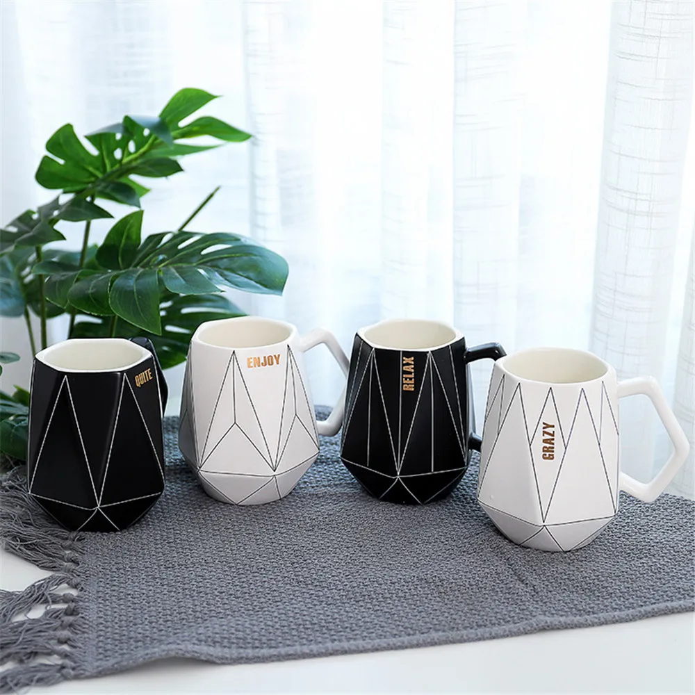 

Creative Ceramic Coffee Mug Milk Tea Juice Cup Black White Geometric Shape Handle Mugs Office Home Drinkware Couple Gifts 450ML