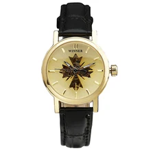 GAGNANT Dames Montres Femmes Mechancial Montre-Bracelet Bracelet En Cuir Squelette Automatique-auto-vent Feuille D’érable De Luxe Marque Caisse D’or