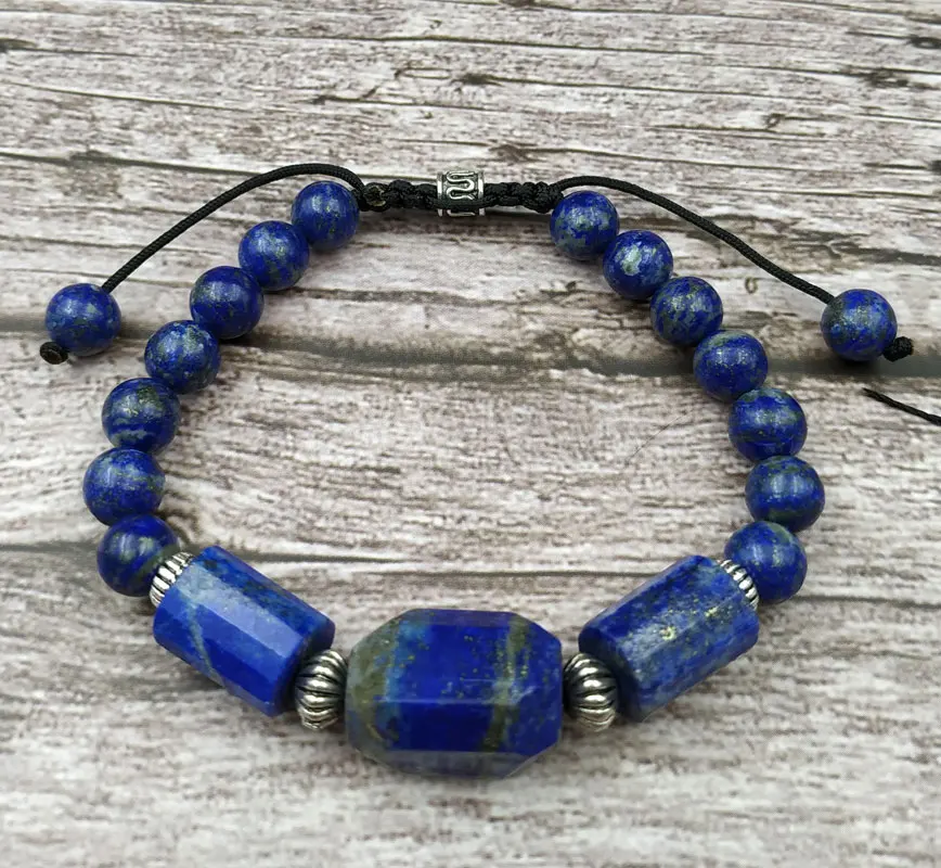

YA3915 Natural Labradorite Lapis Quartz Stone Beads Knotted Cord Adjustable Bracelet