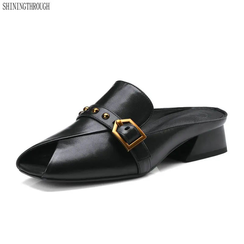 

New genuine leather sandals 3cm low heels slippers peep toe women's casual shoes rivet buckle punk shoes black gray