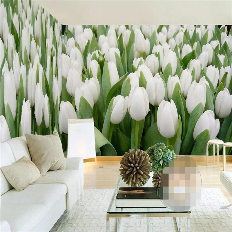 Custom Photo Wallpaper Mural Wall Sticker White Tulip Flower Sea Flower Field FLORAL GREEN BACKGROUND papel de parede