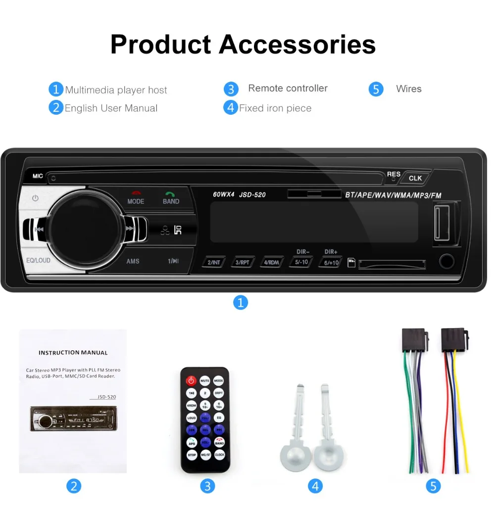 Car Radio 1 din Autoradio JSD-520 12V Bluetooth Stereo radios AUX FM USB Receiver MP3 Multimedia Player Car Audio Automotivo