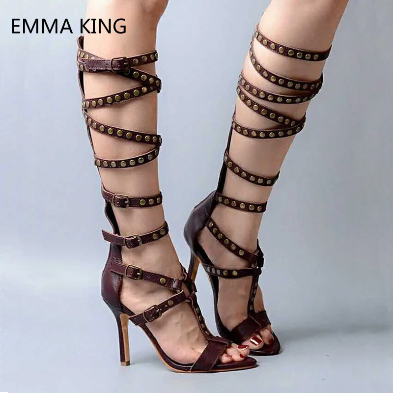 

Gladiator Sandals Women Roman Leather Shoes Sexy Stiletto Heels Cross Strap Knee High Boots Zip Rivets Peep Toe Ladies Sandalias
