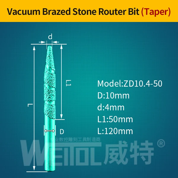 Weitol 6/8/12 мм пайки камень Биты для гравировки мрамора гранита инструменты для резьбы по дереву ЧПУ фрезы для контурной обработки конические Концевая фреза - Длина режущей кромки: ZD10.4-50