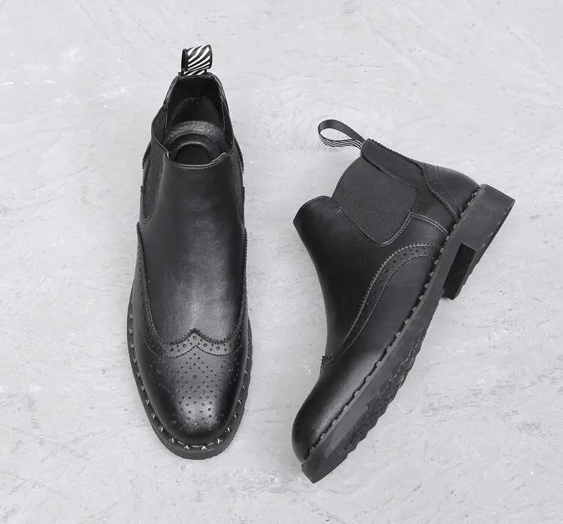 Мужские ботинки «Челси»; черная натуральная кожа; обувь с перфорацией типа «броги» из дышащего материала без застежек, туфли bullock в стиле