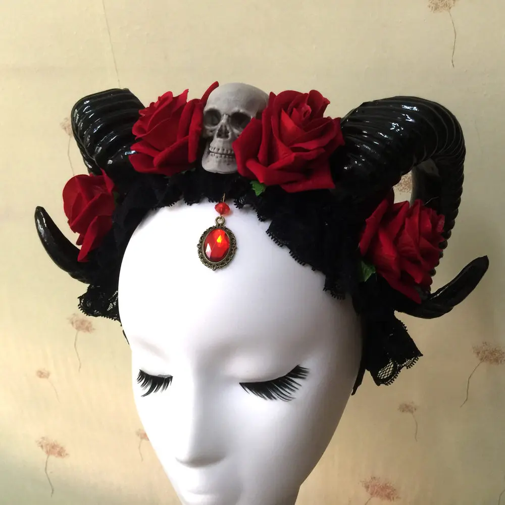 Halloween Skull Accessories - Devil Floral Horns Headpiece with Veil - Fancy Dress Hair Accessories image 6