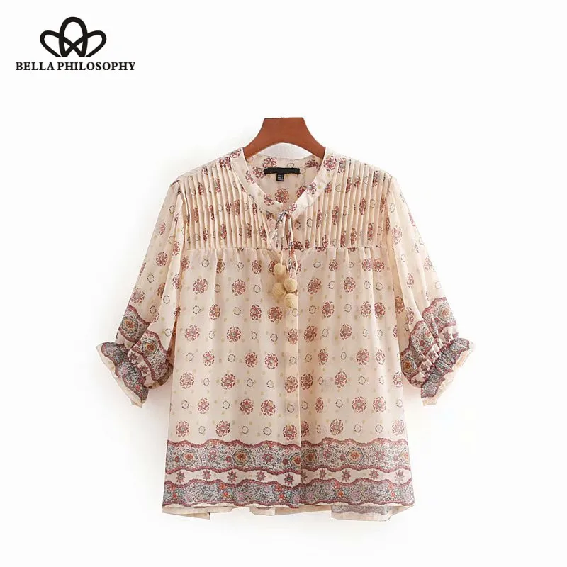 Wonder 2018 vintage floral vestidos print pleated chiffon smock Shirt blouses women chic casual femininas blusas pullover tops