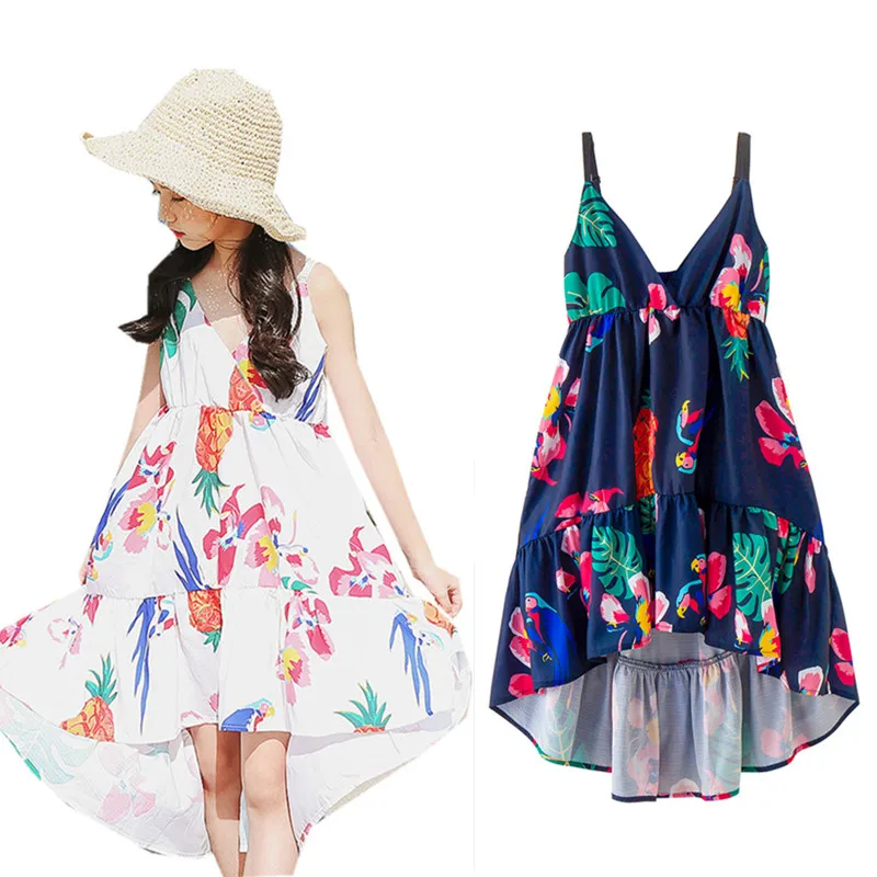 8 to 16 years kids & teenager girls summer floral print V-neck asymmetrical causal beach dress children fashion vacation dresses v neckline asymmetrical hem tee