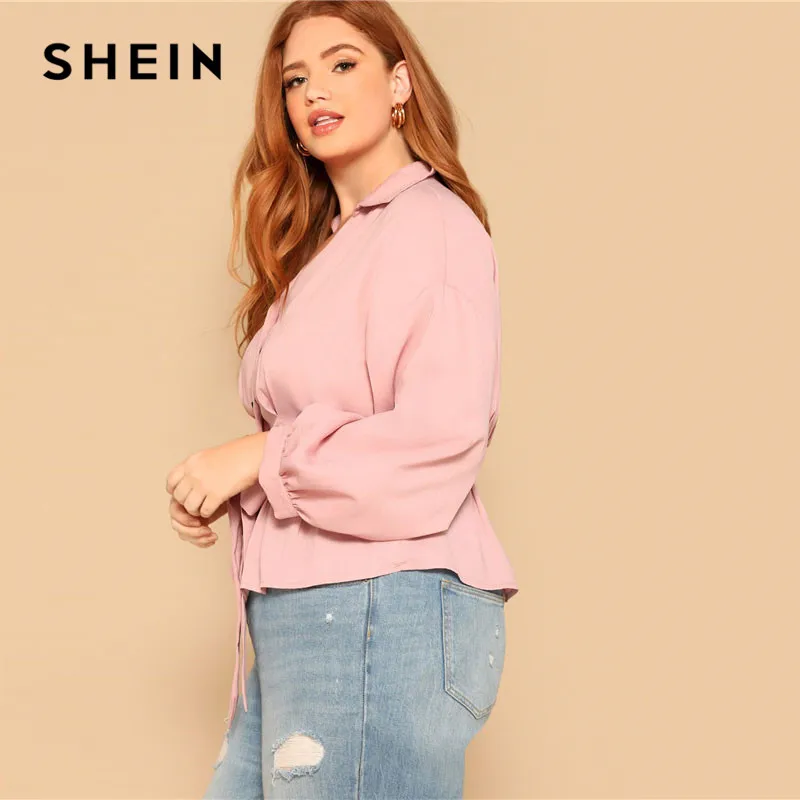 SHEIN, женская блузка размера плюс, розовая, с поясом, на пуговицах, с баской спереди, весенняя, с длинным рукавом, с отложным воротником, одноцветная, элегантная, для девушек, топы