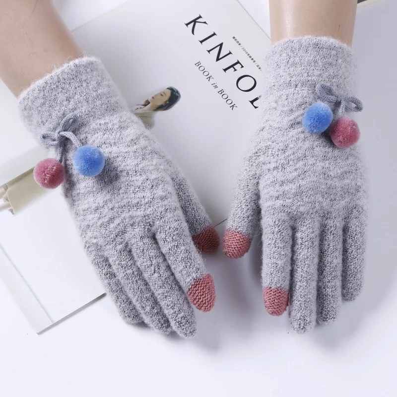 Women Touch Screen Full Finger Glove Winter Gloves Stretch Knit Mittens with PomPom Imitation Wool Keep Warm Female Mittens - Цвет: 5