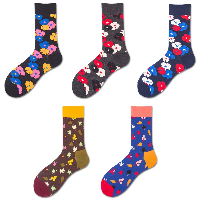 

Brand Quality Mens Happy Socks 5 Colors Cherry Blossom Leaves Socks Combed Cotton Calcetines Largos Hombre Big Size Wholesale