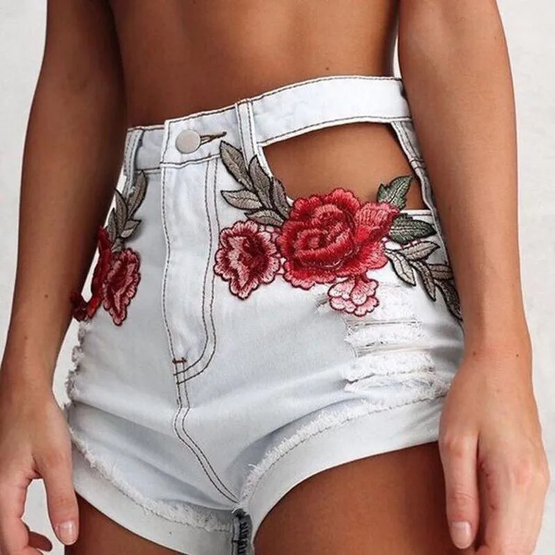 

Hollow Out Jeans shorts Women Rose Embroidery Sexy White Ripped Denim Pantalones Summer High Waist Short Pants Female
