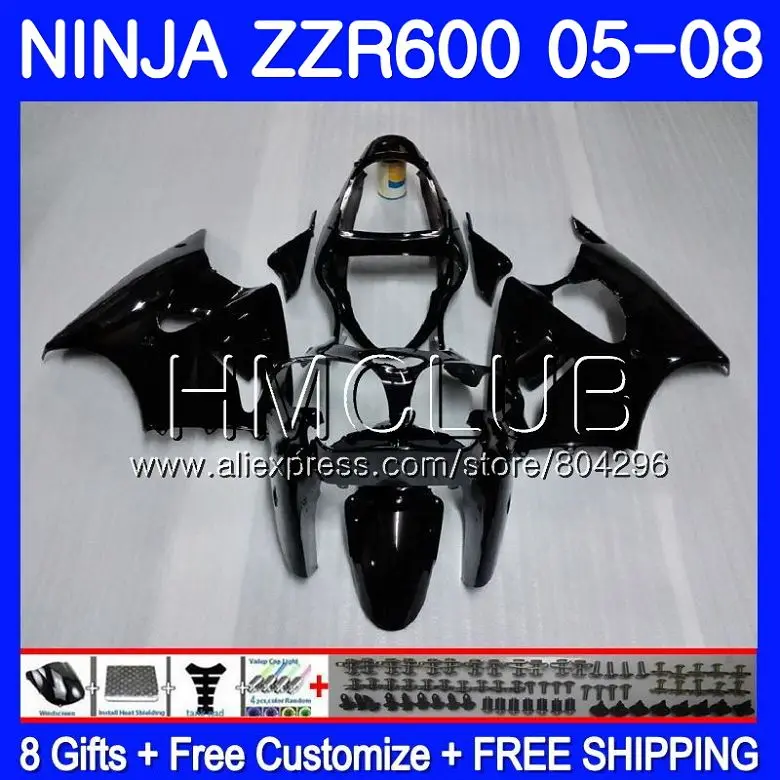 Кузов для KAWASAKI NINJA 600CC черный глянец ZZR600 05 06 07 08 34HM. 4 ZX600CC ZZR-600 ZZR 600 2005 2006 2007 2008 Обтекатели