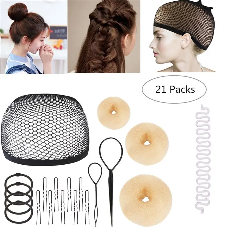 Women Beauty DIY Hair Bun Maker Kit Wig Net Cap Hair Donut Styling