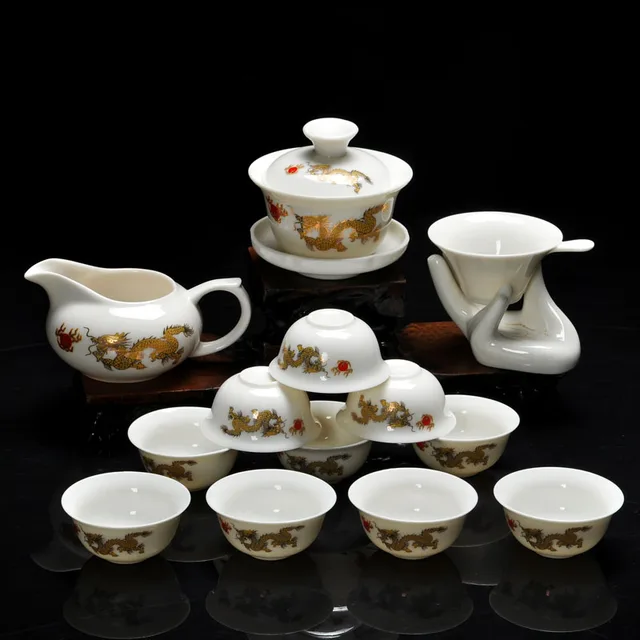 Best Price 14 Pieces Kung Fu tea set,Chinese Pattern Include White Glazed Ceramic Porcelain Dragon 10pcs Tea Cups and Teapot